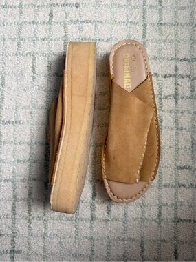 Clarks Originals suede wedge slides with a platform sole size 10
